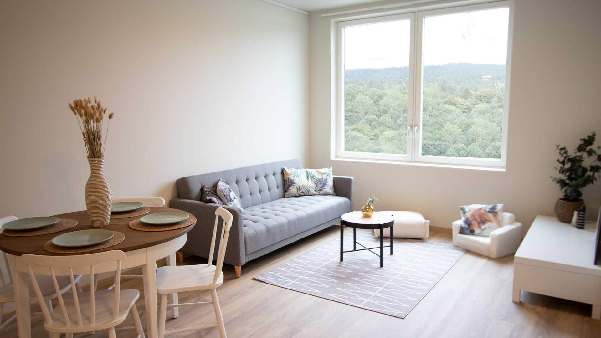 Foto av tre roms familiebolig med spiseplass og sofa.